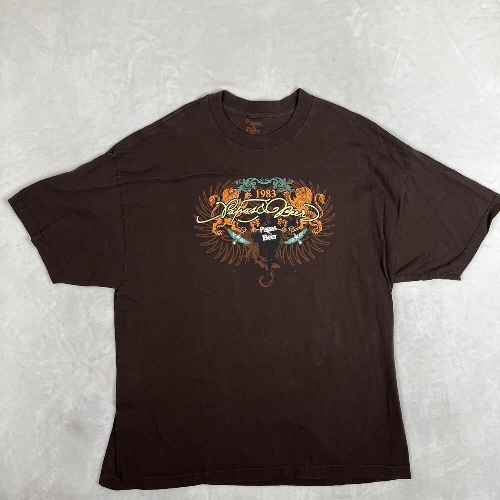 Vintage Papas & Beer T-Shirt Mens 2XL Brown Bar Graphic Tee Beer Y2K